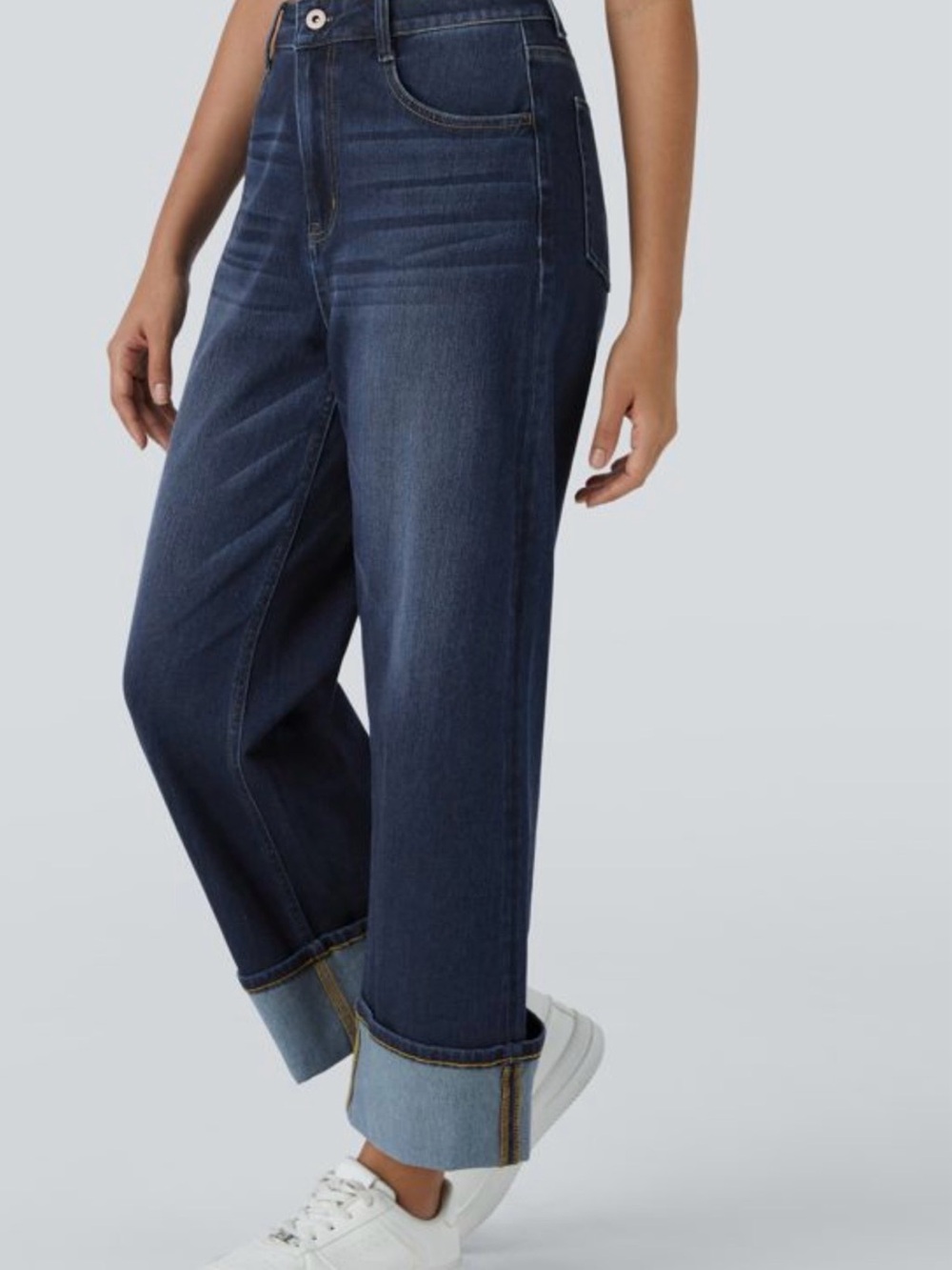HALARA Dark Blue Wide-Leg Cuffed Jeans